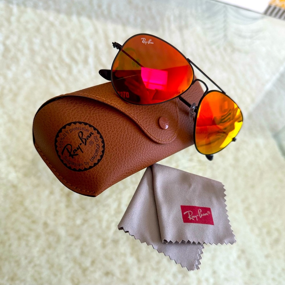 Ray Ban Aviator Flash Lenses Sunglasses in Red-Orange Mirror SMALL